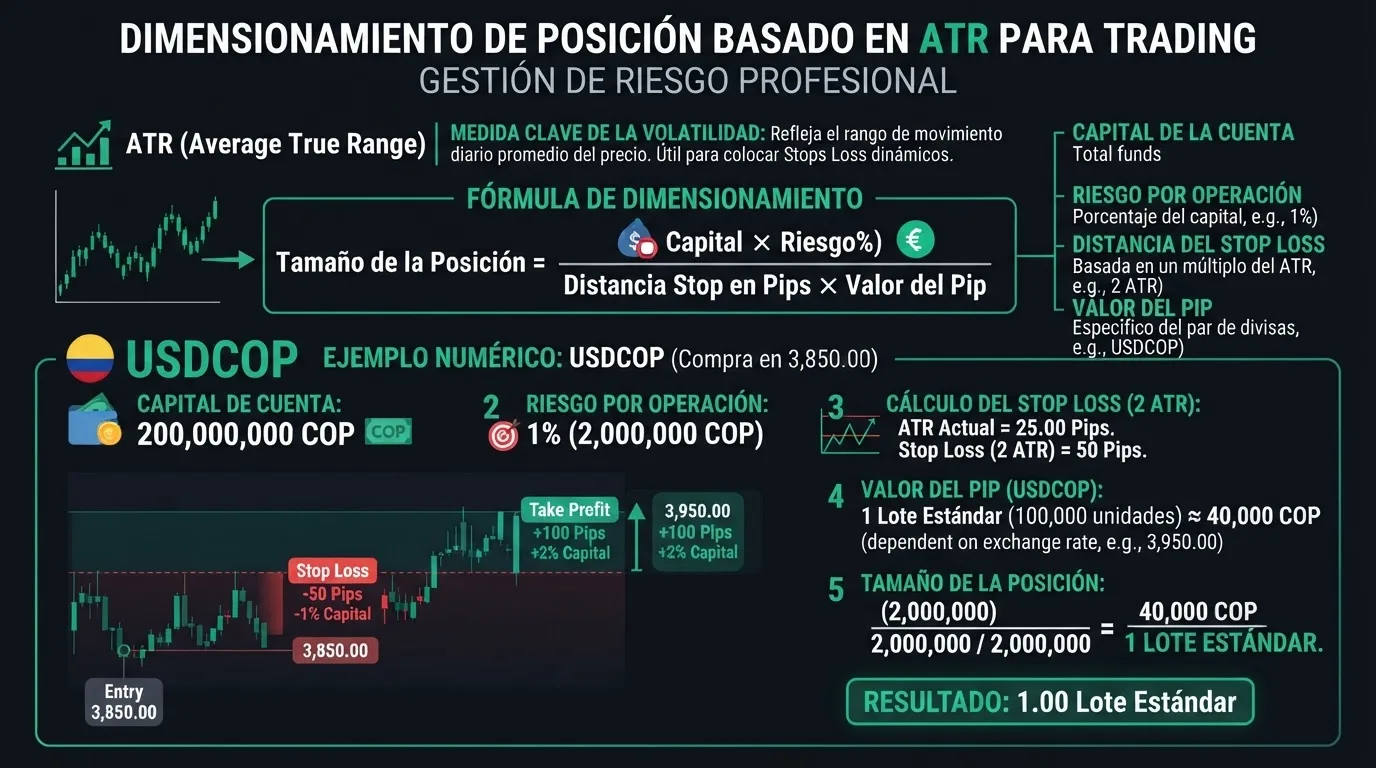 Infografía: Fórmula para calcular el tamaño de posición usando ATR como distancia de stop loss