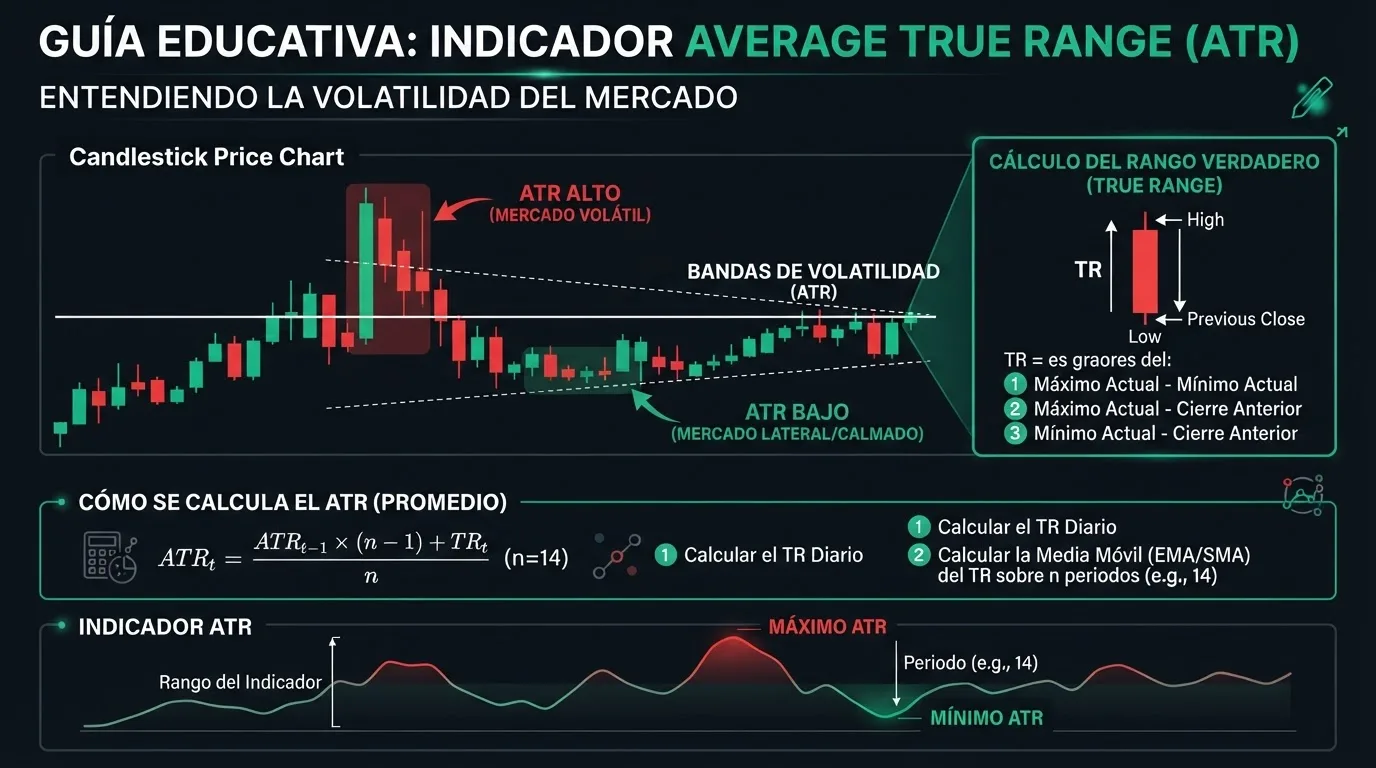 Gráfico ilustrativo de la interpretación de volatilidad con ATR en diferentes condiciones de mercado