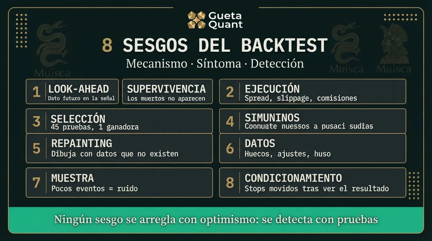 Infografía Muisca: cuadrícula de los 8 sesgos del backtest con síntoma y detección
