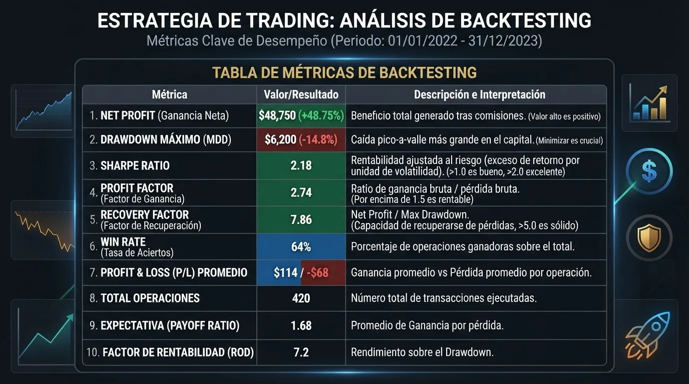 Panel de métricas de resultados del Strategy Tester de MetaTrader 5
