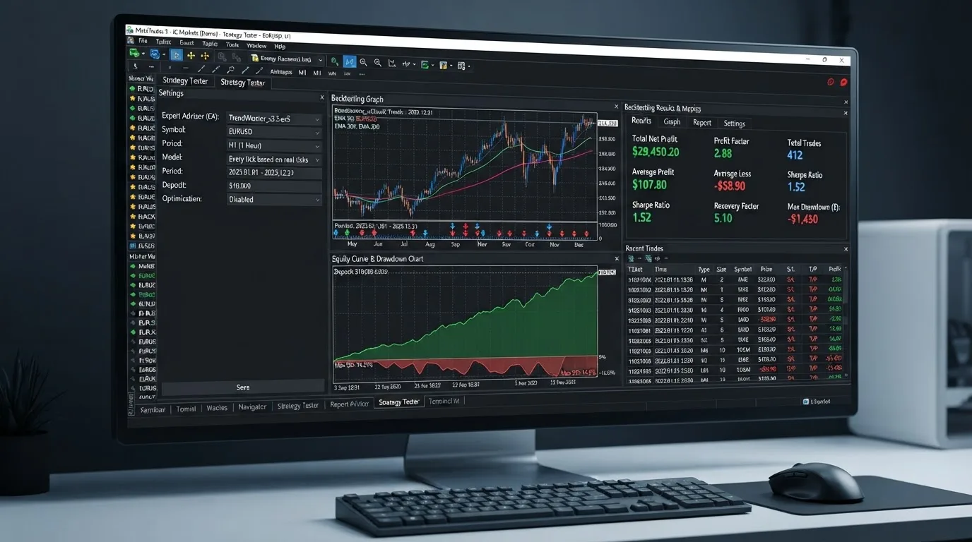 Ventana del Strategy Tester de MetaTrader 5 mostrando la configuración de un backtesting