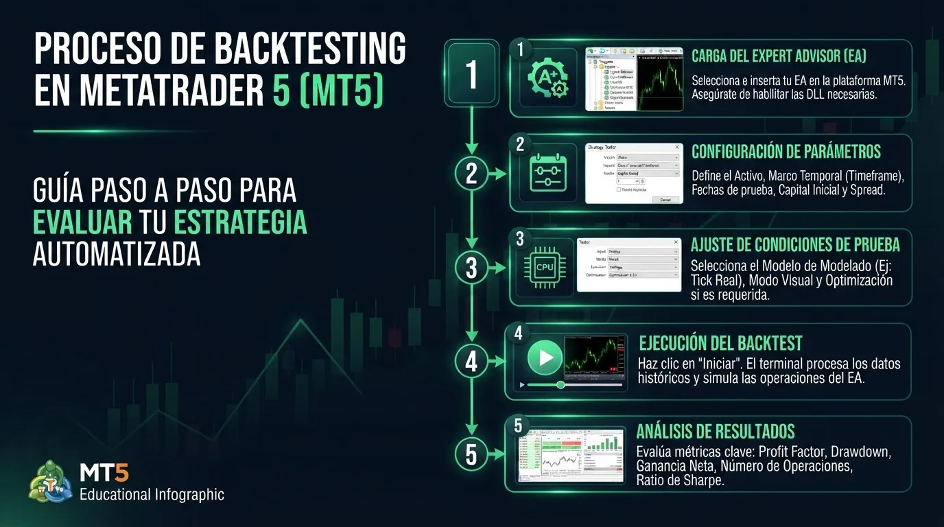 Flujo de trabajo de backtesting en MetaTrader 5 con datos históricos