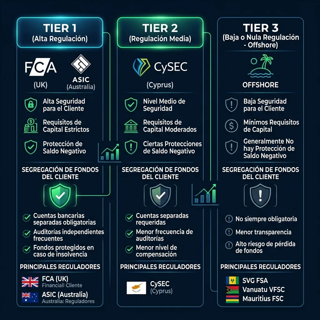 Comparativa de Niveles de Regulación de Brokers: FCA, ASIC, CySEC y Offshore