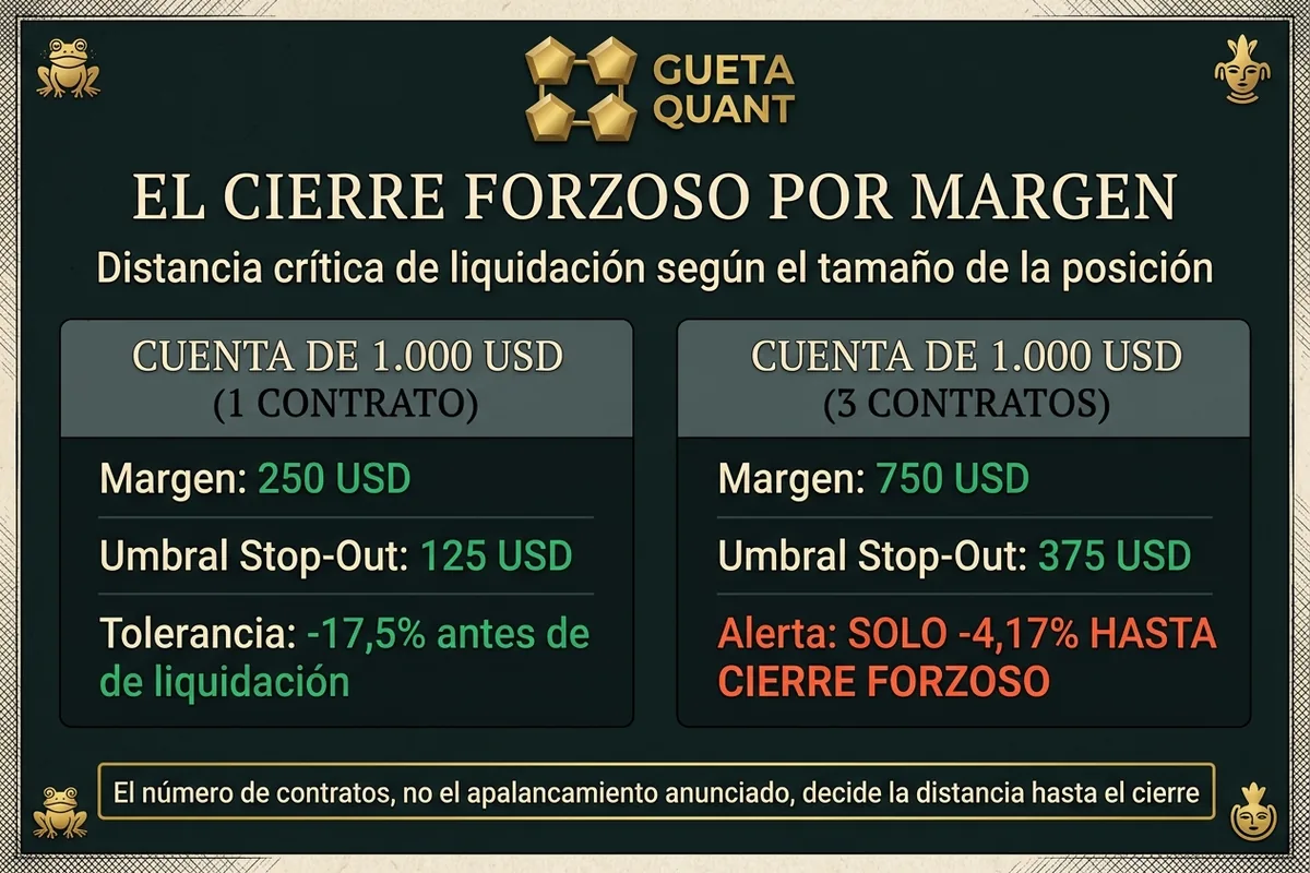 Infografía Muisca: El cierre forzoso por margen (stop-out) y distancia hasta la liquidación según el número de contratos