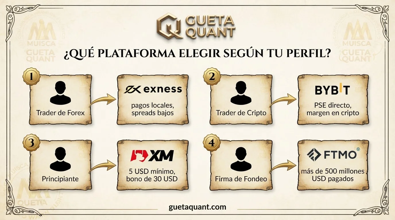 Árbol de decisión para elegir plataforma de trading según perfil del trader en LATAM