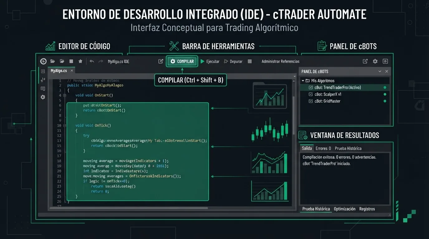 Interfaz del IDE cTrader Automate mostrando el editor de código y la lista de cBots disponibles