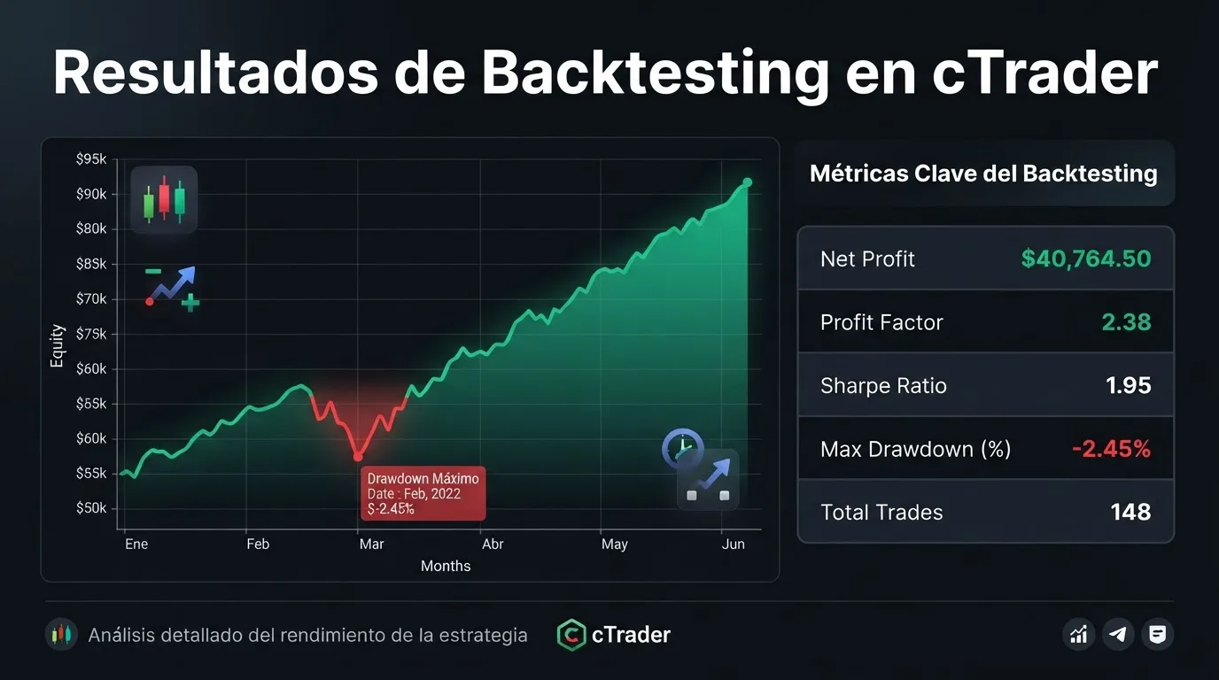 Resultados de backtesting de un cBot en cTrader mostrando curva de equity, drawdown y estadísticas de rendimiento