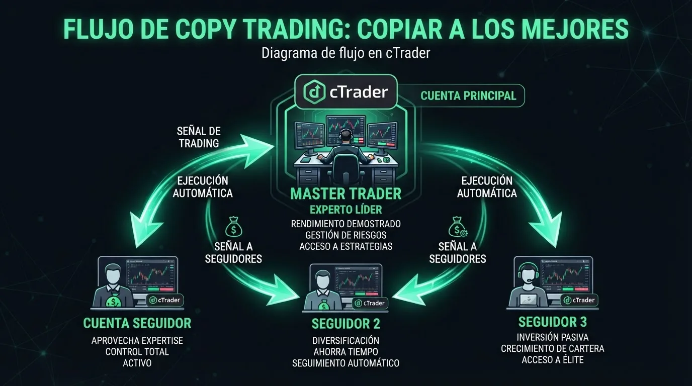 Flujo del copy trading en cTrader: proveedor de estrategias, plataforma de réplica y cuentas seguidoras