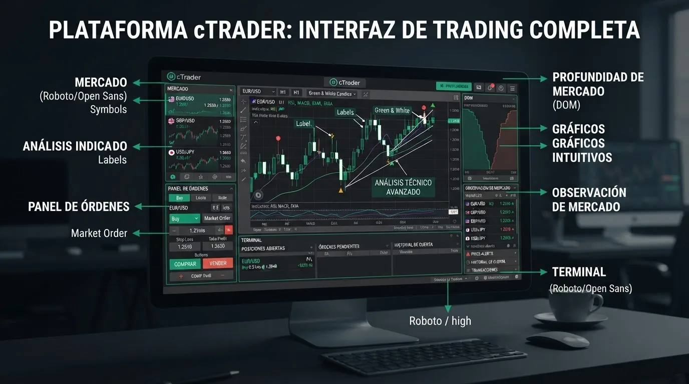 Interfaz de usuario de cTrader mostrando gráficos y profundidad de mercado