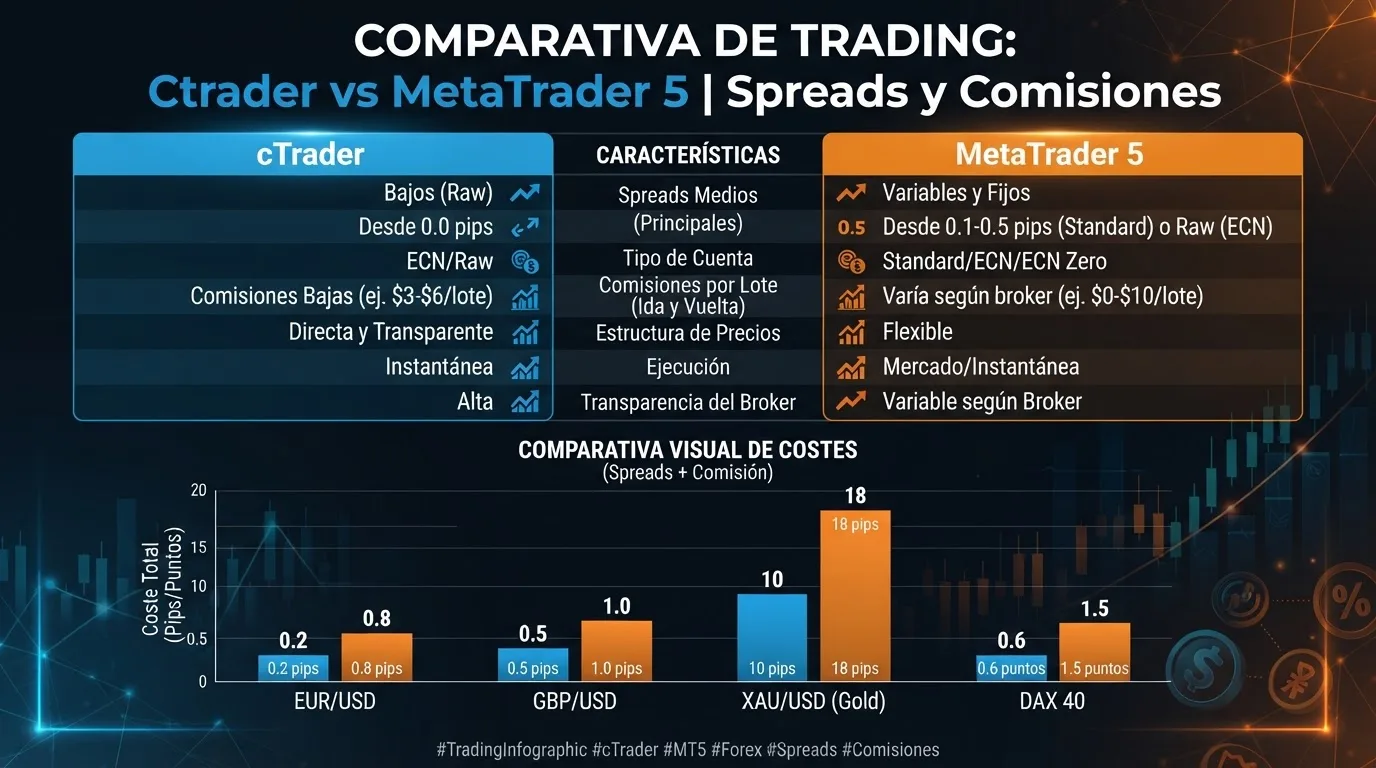 Comparación de spreads y comisiones entre cTrader y MetaTrader 5