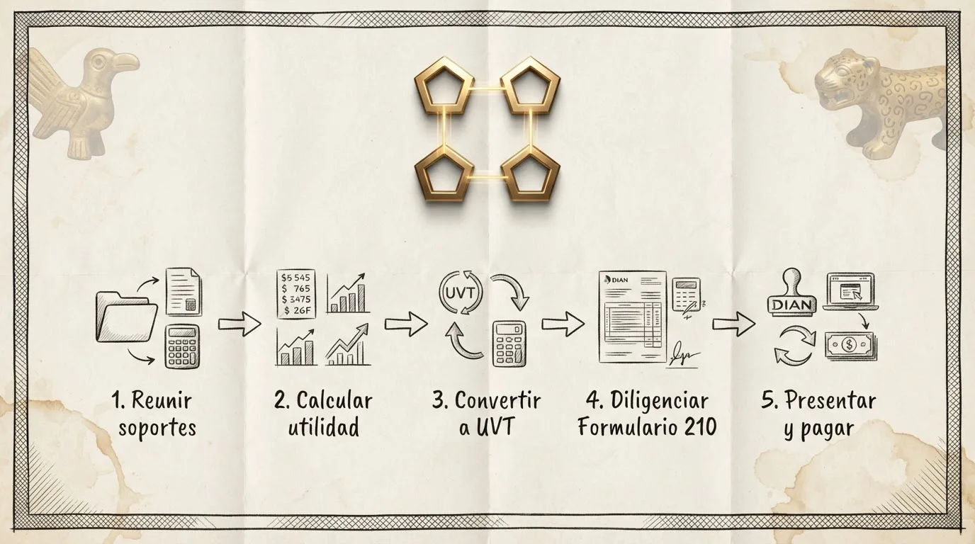 Flujo de cinco pasos para declarar ganancias de trading ante la DIAN en el Formulario 210