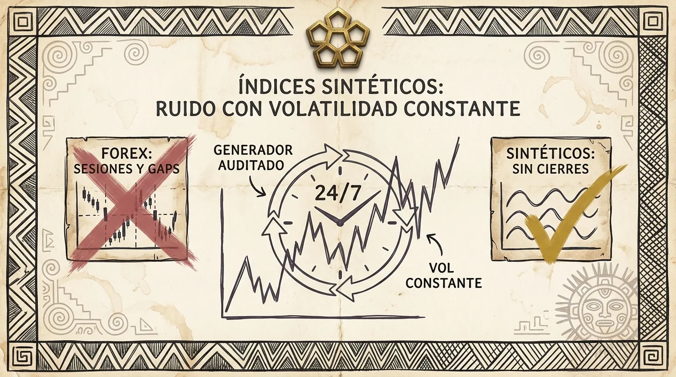 Diagrama de índices sintéticos Deriv: generador auditado, volatilidad constante y operación 24/7