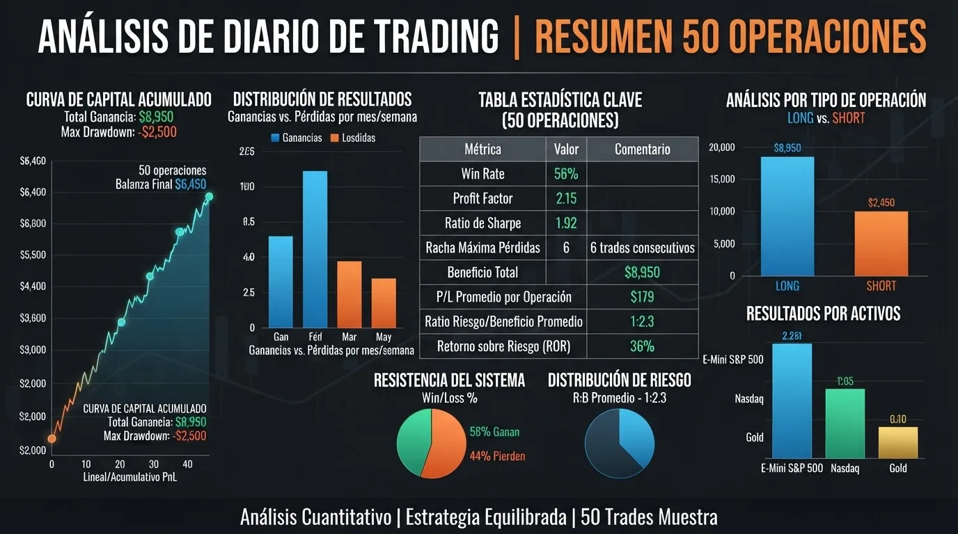 Panel analítico con estadísticas detalladas de 50 operaciones de trading