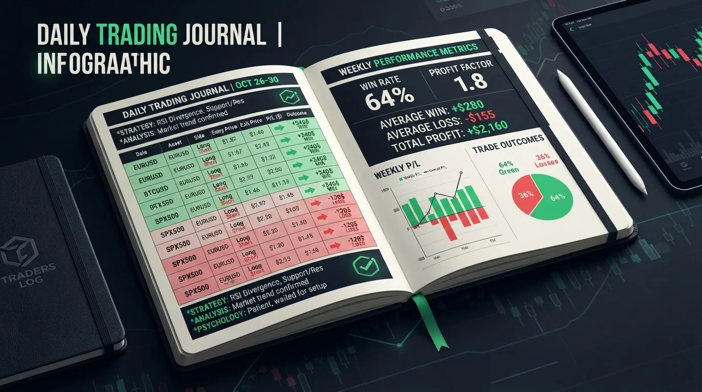 Vista general de un diario de trading cuantitativo con métricas de rendimiento