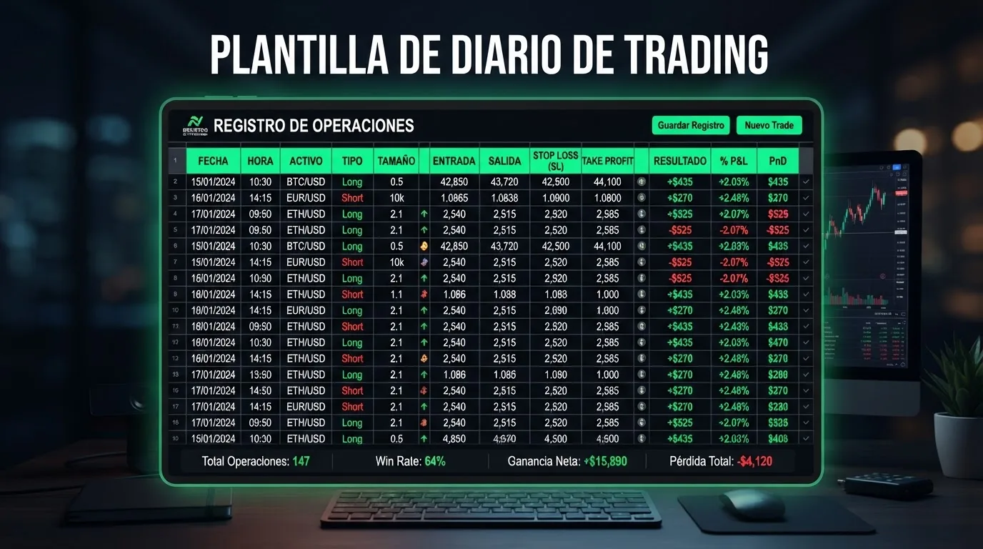 Plantilla de diario de trading con columnas estructuradas para registro de operaciones