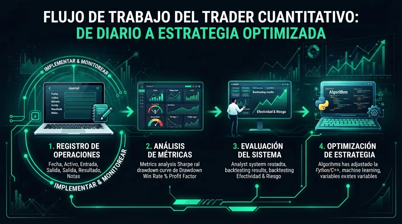 Flujo de trabajo diario del trader cuantitativo con diario de trading integrado