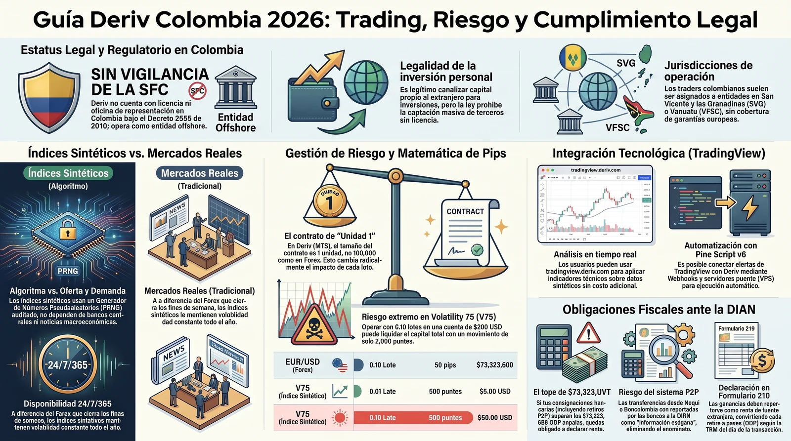 Guía técnica Deriv Colombia 2026: Estatus legal SFC, matemáticas de índices sintéticos, TradingView y tributación DIAN