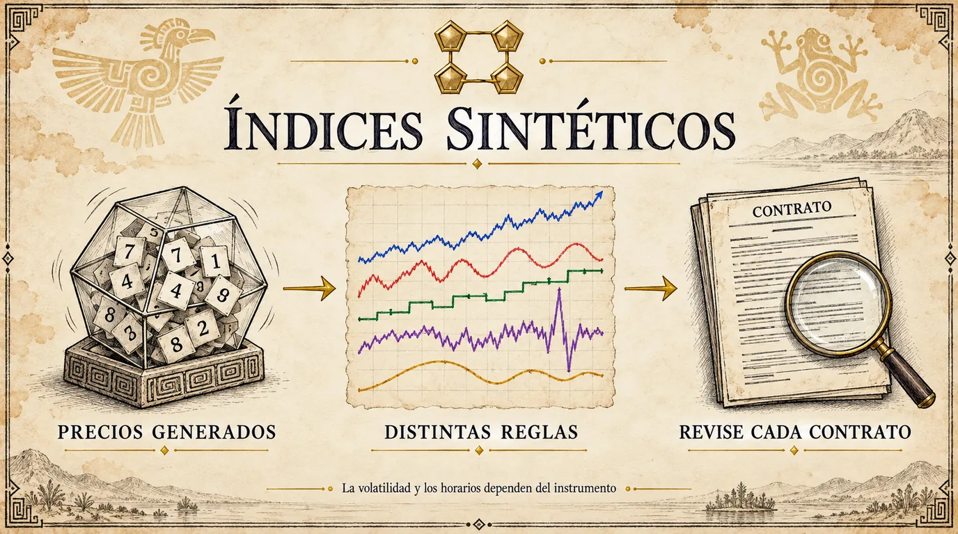 Diagrama educativo de precios generados y revisión individual de contratos sintéticos