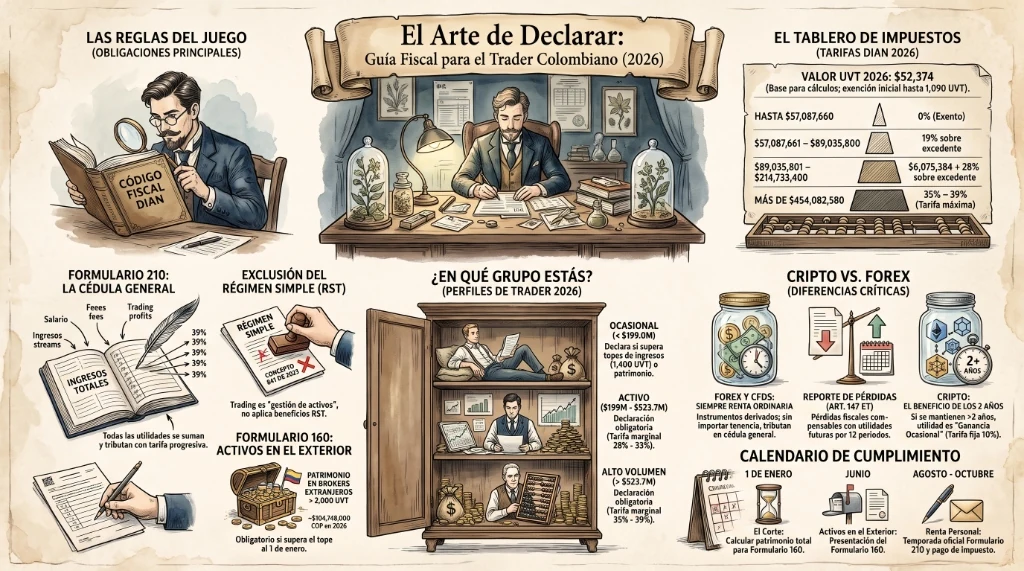 Infografía: El Arte de Declarar - Guía Fiscal para el Trader Colombiano 2026, Formulario 210, Formulario 160 y tarifas DIAN