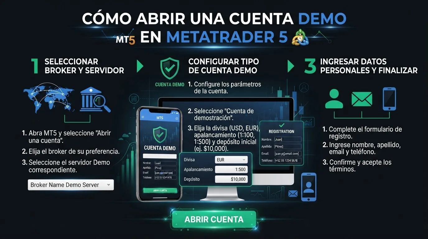 Configuración de cuenta demo en MetaTrader 5 seleccionando depósito y apalancamiento