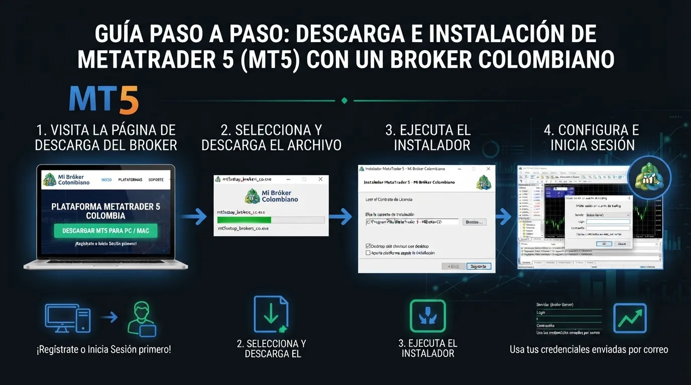 Proceso de descarga e instalación de MetaTrader 5 desde el sitio web del broker