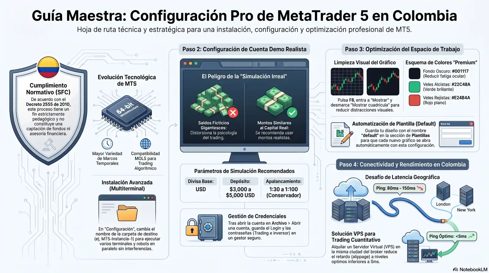 Infografía de instalación y configuración de MetaTrader 5 para trading algorítmico