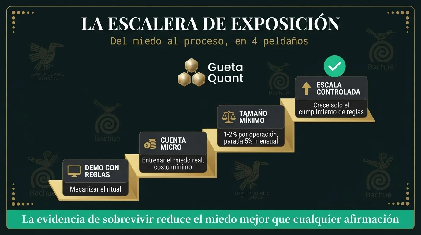 Infografía Muisca: la escalera de exposición gradual — demo con reglas, cuenta micro, tamaño mínimo, escala controlada