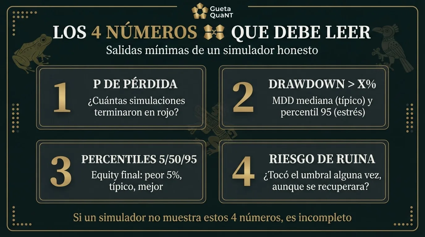 Infografía Muisca: los 4 números del simulador Monte Carlo — P de pérdida, drawdown, percentiles 5/50/95 y riesgo de ruina