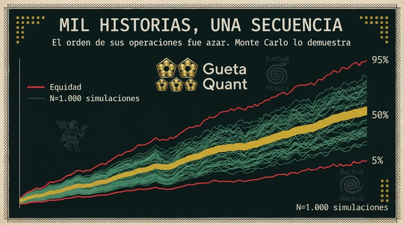 Infografía Muisca: abanico de curvas de equity simuladas con Monte Carlo, banda percentilar 5-95 resaltada en dorado