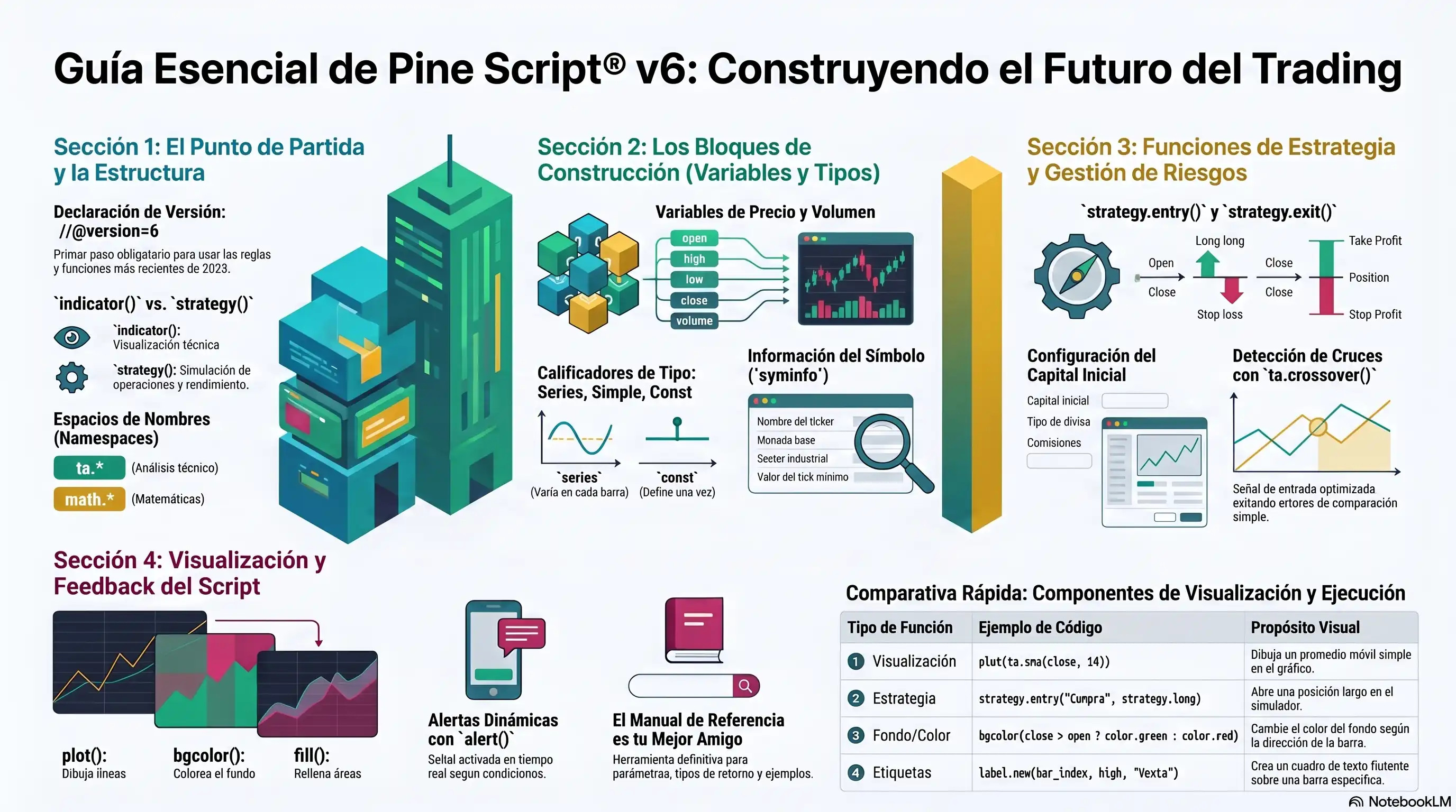 Infografía completa de Pine Script v6: estructura, variables, tipos de datos, gestión de riesgo y visualización