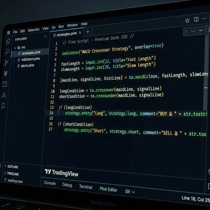 Captura del Pine Editor mostrando la interfaz de compilación y edición de código en TradingView