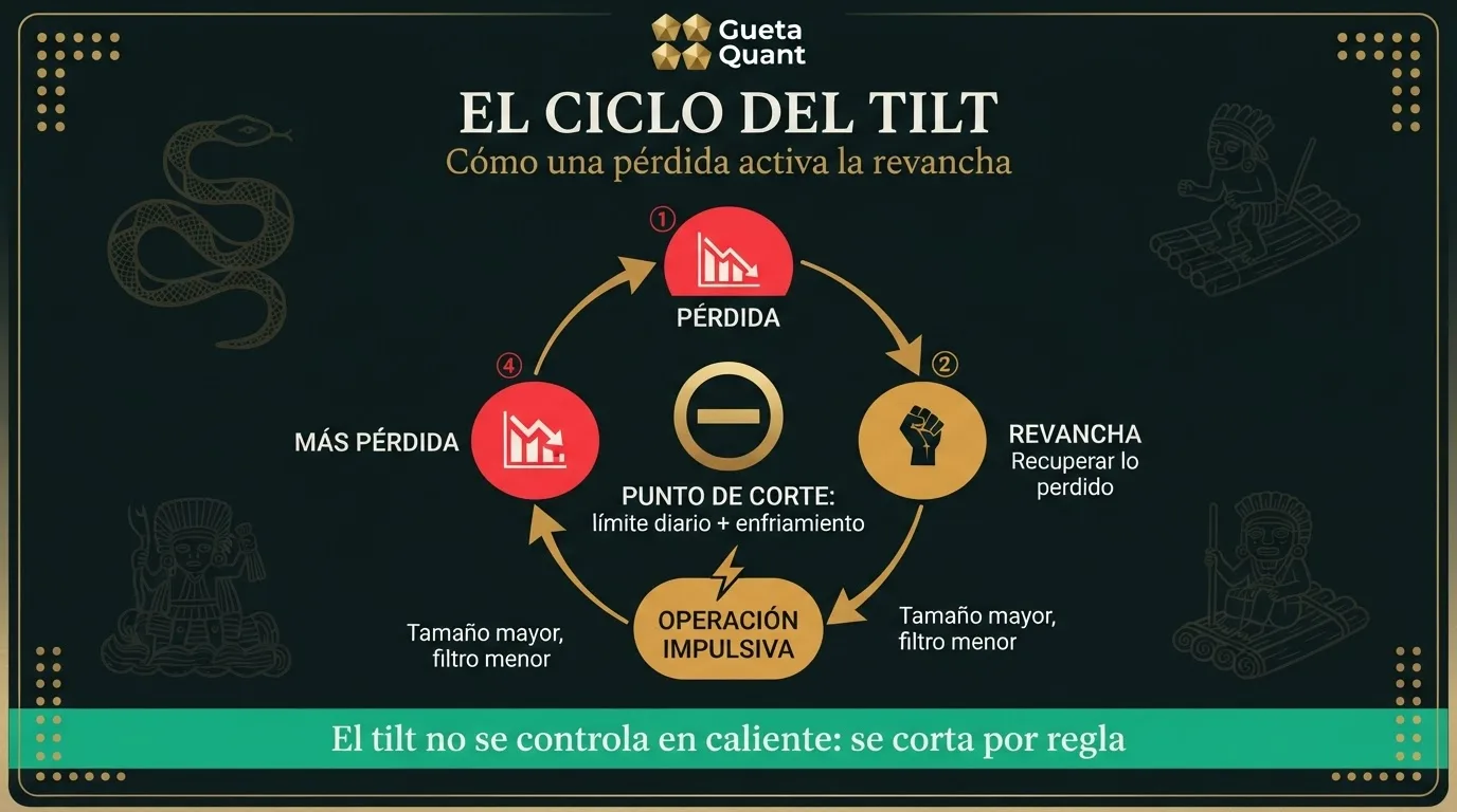 Infografía Muisca: el ciclo del tilt — pérdida, revancha, operación impulsiva, más pérdida