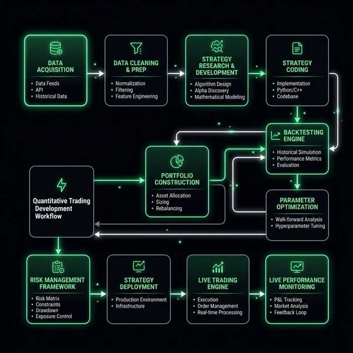 Diagrama de flujo del desarrollo de estrategias de trading cuantitativo