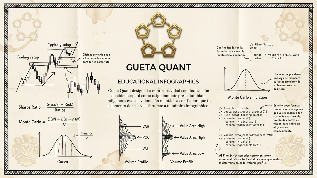 Infografía del sistema de diseño cuantitativo Gueta Quant con estética Charcoal & Muisca Warm Gold