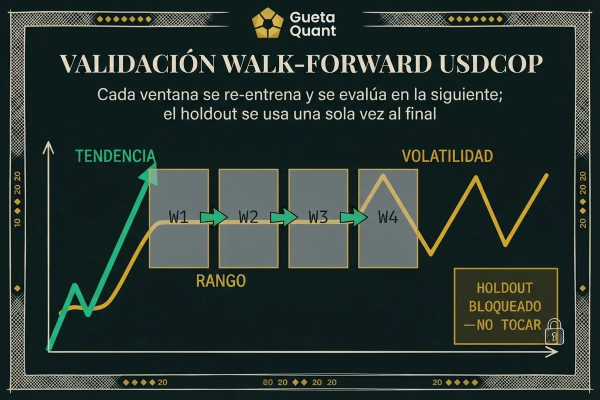 Infografía Muisca: ventanas walk-forward y holdout bloqueado sobre un gráfico USDCOP con regímenes de tendencia, rango y volatilidad