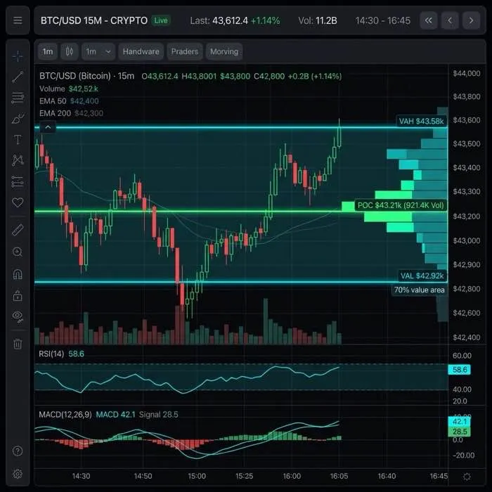 Visualización de Volume Profile indicando POC, VAH y VAL