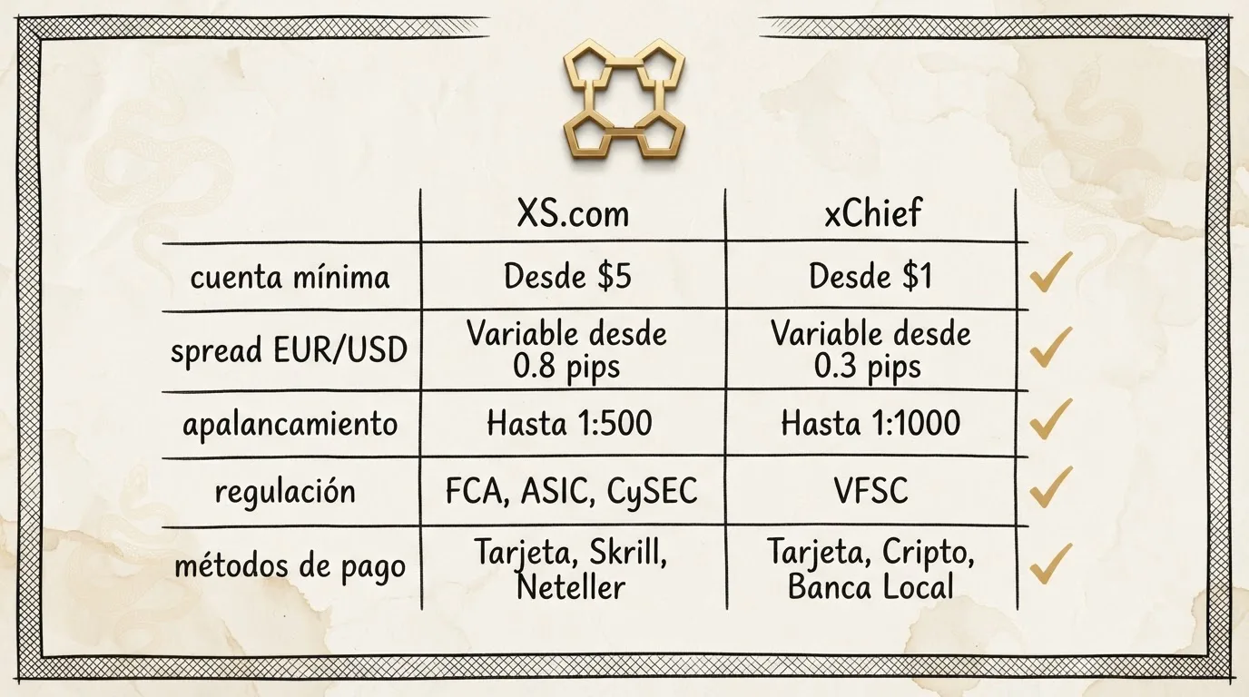 Ficha técnica comparada XS.com y XChief: cuenta mínima, spread EUR/USD, apalancamiento, regulación y métodos de pago